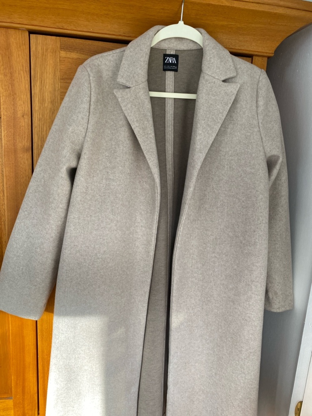 Zara Buff Grey-Tone Long Open-Front Trench Coat